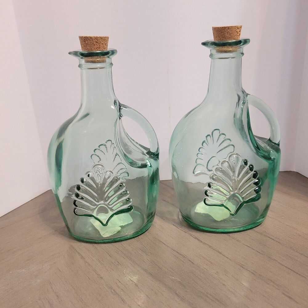 2 Vintage Libbey Glass Heavy Green Recycled Glass Embossed Shell 7" Cruets Syrup